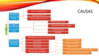 CAUSAS
HDA
SECUNDARIA
A
HIPERTENSIÓN
PORTAL
Varices esofagogástricas
Gastropatía de la H T P
Varices ectópicas en ID y G
NO
SECUNDARIA
A
HIPERTENSIÓN
PORTAL
Úlcera péptica (UP)
Síndrome de Mallory-Weiss
Hernia de hiato
Esofagitis
OTRAS CAUSA
DE MENOR
FRECUENCIA
Gastropatía erosiva y hemorrágica
Duodenitis
Neoplasias
Hemobilia
Fístulas aorto-entéricas
Alteraciones vasculares
Lesión de Dieulafoy
Ectasias vasculares
Angiodisplasias
Enfermedad de Rendu-Osler-Weber
Malformaciones arteriovenosas
 