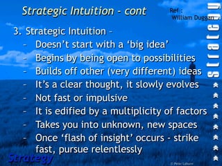 Strategic Intuition - cont         Ref :
                                      William Duggan

3. Strategic Intuition –
  – Doesn’t start with a ‘big idea’
  – Begins by being open to possibilities
  – Builds off other (very different) ideas
  – It’s a clear thought, it slowly evolves
  – Not fast or impulsive
  – It is edified by a multiplicity of factors
  – Takes you into unknown, new spaces
  – Once ‘flash of insight’ occurs - strike
     fast, pursue relentlessly
Strategy                             © Peter Laburn
 