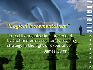 “Logical Incrementalism”
‘In reality organizations proceeded
by trial and error, constantly revising
strategy in the light of experience’
                     James Quinn
 