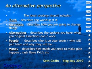 An alternative perspective

•            The ideal strategy should include:-
• Truth - describes the world as it is
• Assertions - describes how you are going to change
  things
• Alternatives - describes the options you have when
  you original assertions don’t work
• People - describes who is on your team / who will
  join team and why they will be
• Money - describes how much you need to make plan
  happen , cash flows P+L’s etc

                         Seth Godin - blog May 2010
Strategy                                    © Peter Laburn
 