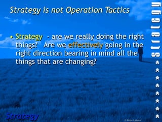Strategy is not Operation Tactics


• Strategy - are we really doing the right
  things? Are we effectively going in the
  right direction bearing in mind all the
  things that are changing?




Strategy                           © Peter Laburn
 