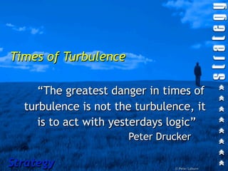 Times of Turbulence

     “The greatest danger in times of
  turbulence is not the turbulence, it
     is to act with yesterdays logic”
                      Peter Drucker

Strategy                       © Peter Laburn
 