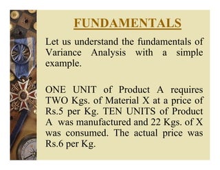 FUNDAMENTALS
Let us understand the fundamentals of
Variance Analysis with a simple
example.
ONE UNIT of Product A requires
TWO Kgs. of Material X at a price of
Rs.5 per Kg. TEN UNITS of Product
A was manufactured and 22 Kgs. of X
was consumed. The actual price was
Rs.6 per Kg.
 
