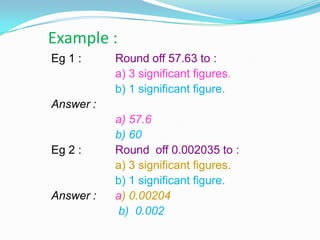 Example :
Eg 1 : Round off 57.63 to :
a) 3 significant figures.
b) 1 significant figure.
Answer :
a) 57.6
b) 60
Eg 2 : Round off 0.002035 to :
a) 3 significant figures.
b) 1 significant figure.
Answer : a) 0.00204
b) 0.002
 