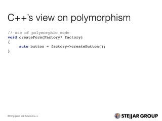 C++’s view on polymorphism
// use of polymorphic code
void createForm(Factory* factory)
{
auto button = factory->createButton();
}
Writing good std::future<C++>
 
