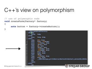 C++’s view on polymorphism
// use of polymorphic code
void createForm(Factory* factory)
{
auto button = factory->createButton();
}
Writing good std::future<C++>
 