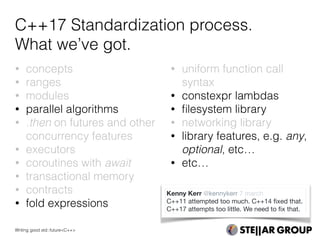• concepts
• ranges
• modules
• parallel algorithms
• .then on futures and other
concurrency features
• executors
• coroutines with await
• transactional memory
• contracts
• fold expressions
• uniform function call
syntax
• constexpr lambdas
• ﬁlesystem library
• networking library
• library features, e.g. any,
optional, etc…
• etc…
C++17 Standardization process.
What we’ve got.
Kenny Kerr @kennykerr 7 march

C++11 attempted too much. C++14 ﬁxed that.

C++17 attempts too little. We need to ﬁx that.
Writing good std::future<C++>
 