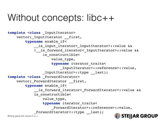 template <class _InputIterator>
vector(_InputIterator __first,
typename enable_if<
__is_input_iterator<_InputIterator>::value &&
!__is_forward_iterator<_InputIterator>::value &&
is_constructible<
value_type,
typename iterator_traits<
_InputIterator>::reference>::value,
_InputIterator>::type __last);
template <class _ForwardIterator>
vector(_ForwardIterator __first,
typename enable_if<
__is_forward_iterator<_ForwardIterator>::value &&
is_constructible<
value_type,
typename iterator_traits<
_ForwardIterator>::reference>::value,
_ForwardIterator>::type __last);
Without concepts: libc++
Writing good std::future<C++>
 
