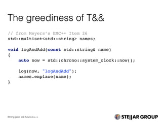 // from Meyers’s EMC++ Item 26
std::multiset<std::string> names;
void logAndAdd(const std::string& name)
{
auto now = std::chrono::system_clock::now();
log(now, "logAndAdd");
names.emplace(name);
}
The greediness of T&&
Writing good std::future<C++>
 