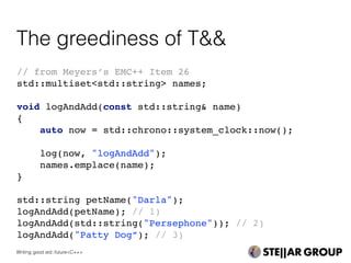 // from Meyers’s EMC++ Item 26
std::multiset<std::string> names;
void logAndAdd(const std::string& name)
{
auto now = std::chrono::system_clock::now();
log(now, "logAndAdd");
names.emplace(name);
}
std::string petName("Darla");
logAndAdd(petName); // 1)
logAndAdd(std::string("Persephone")); // 2)
logAndAdd("Patty Dog”); // 3)
The greediness of T&&
Writing good std::future<C++>
 