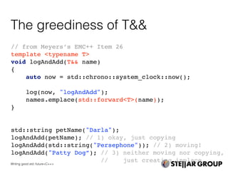 The greediness of T&&
// from Meyers’s EMC++ Item 26
template <typename T>
void logAndAdd(T&& name)
{
auto now = std::chrono::system_clock::now();
log(now, "logAndAdd");
names.emplace(std::forward<T>(name));
}
std::string petName("Darla");
logAndAdd(petName); // 1) okay, just copying
logAndAdd(std::string("Persephone")); // 2) moving!
logAndAdd("Patty Dog”); // 3) neither moving nor copying,
// just creating inplaceWriting good std::future<C++>
 