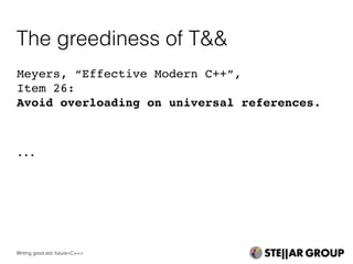 Meyers, “Effective Modern C++”,
Item 26:
Avoid overloading on universal references.
...
The greediness of T&&
Writing good std::future<C++>
 
