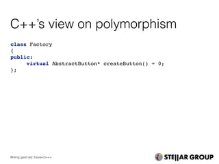 C++’s view on polymorphism
class Factory
{
public:
virtual AbstractButton* createButton() = 0;
};
Writing good std::future<C++>
 