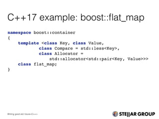 namespace boost::container
{
template <class Key, class Value,
class Compare = std::less<Key>,
class Allocator =
std::allocator<std::pair<Key, Value>>>
class flat_map;
}
C++17 example: boost::ﬂat_map
Writing good std::future<C++>
 