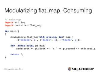 Modularizing ﬂat_map. Consuming
Writing good std::future<C++>
// main.cpp
import std.io;
import container.flat_map;
int main()
{
container::flat_map<std::string, int> map =
{{"second", 2}, {"first", 1}, {"third", 3}};
for (const auto& p: map)
std::cout << p.first << ": " << p.second << std::endl;
return 0;
}
 
