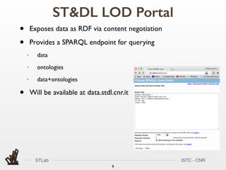 STLab ISTC - CNR
ST&DL LOD Portal
9
• Exposes data as RDF via content negotiation
• Provides a SPARQL endpoint for querying
• data
• ontologies
• data+ontologies
• Will be available at data.stdl.cnr.it
 