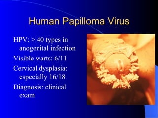 Human Papilloma Virus HPV: > 40 types in anogenital infection Visible warts: 6/11 Cervical dysplasia: especially 16/18 Diagnosis: clinical exam 