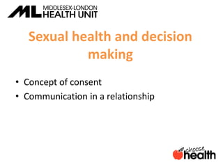 Sexual health and decision
making
• Concept of consent
• Communication in a relationship
 