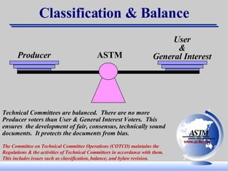 Producer User & General Interest ASTM Classification & Balance Technical Committees are balanced.  There are no more Producer voters than User & General Interest Voters.  This ensures  the development of fair, consensus, technically sound documents.  It protects the documents from bias. The Committee on Technical Committee Operations (COTCO) maintains the Regulations & the activities of Technical Committees in accordance with them.  This includes issues such as classification, balance, and bylaw revision.  ASTM www.astm.org 