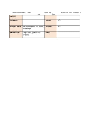 Production Company: WMT Client: Ugø Production Title: Importan Lil
Boy Date:
INTEREST
SUITABILITY TOILETS n/a
POSSIBLE SHOTS Establishingshot,cut aways,
wide angle
LIGHTING n/a
SAFTEY ISSUES Trip hazard, potentially
slippery
SPACE
 