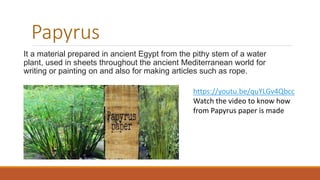 Papyrus
It a material prepared in ancient Egypt from the pithy stem of a water
plant, used in sheets throughout the ancient Mediterranean world for
writing or painting on and also for making articles such as rope.
https://youtu.be/quYLGv4Qbcc
Watch the video to know how
from Papyrus paper is made
 