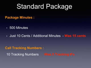 Standard Package
Package Minutes :
• 500 Minutes
• Just 10 Cents / Additional Minutes - Was 15 cents
Call Tracking Numbers :
10 Tracking Numbers Was 5 Tracking #’s
 