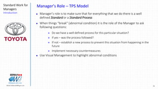 16Marek.Piatkowski@Rogers.com
Standard Work for
Managers
Introduction
Thinkingwin, Win, WIN
Manager’s Role – TPS Model
 Manager’s role is to make sure that for everything that we do there is a well
defined Standard or a Standard Process
 When things “break” (abnormal condition) it is the role of the Manager to ask
following questions:
 Do we have a well defined process for this particular situation?
 If yes – was the process followed?
 If not – establish a new process to prevent this situation from happening in the
future
 Implement necessary countermeasures
 Use Visual Management to highlight abnormal conditions
 