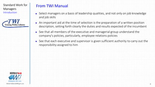 9Marek.Piatkowski@Rogers.com
Standard Work for
Managers
Introduction
Thinkingwin, Win, WIN
From TWI Manual
 Select managers on a basis of leadership qualities, and not only on job knowledge
and job skills
 An important aid at the time of selection is the preparation of a written position
description, setting forth clearly the duties and results expected of the incumbent
 See that all members of the executive and managerial group understand the
company’s policies, particularly, employee relations policies
 See that each executive and supervisor is given sufficient authority to carry out the
responsibility assigned to him
 