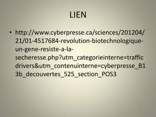 LIEN
• http://www.cyberpresse.ca/sciences/201204/
  21/01-4517684-revolution-biotechnologique-
  un-gene-resiste-a-la-
  secheresse.php?utm_categorieinterne=traffic
  drivers&utm_contenuinterne=cyberpresse_B1
  3b_decouvertes_525_section_POS3
 