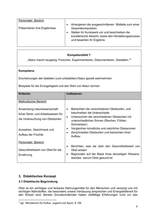 Personaler Bereich
                                                               •   Arrangieren die ausgeschnittenen Bildteile zum einer
Präsentieren ihre Ergebnisse                                       Gesamtkomposition
                                                               •   Stellen ihr Kunstwerk vor und beschreiben die
                                                                   künstlerische Absicht, sowie den Herstellungsprozess
                                                                   und bewerten ihr Ergebnis

 




                                                               Kompetenzfeld 7:
             „Natur macht neugierig: Forschen, Experimentieren, Dokumentieren, Gestalten.“3


Kompetenz:

Erscheinungen der belebten (und unbelebten) Natur gezielt wahrnehmen

Beispiele für die Einzigartigkeit und den Wert von Natur nennen

Kriterien                                                      Indikatoren

Methodischer Bereich

Anwendung naturwissenschaft-                                   •   Betrachten die verschiedenen Obstsorten, und
licher Denk- und Arbeitsweisen für                                 beschreiben die Unterschiede
                                                               •   Untersuchen die verschiedenen Obstsorten mit
die Untersuchung von Obstsorten
                                                                   unterschiedlichen Sinnen (Riechen, Fühlen,
                                                                   Schmecken)
Aussehen, Geschmack und                                        •   Vergleichen künstliche und natürliche Obstaromen
                                                               •   Zerschneiden Obstsorten und betrachten ihren
Aufbau der Früchte
                                                                   Aufbau

Personaler Bereich
                                                               •   Berichten, was sie über den Gesundheitswert von
Gesundheitswert von Obst für die                                   Obst wissen
Ernährung                                                      •   Begründen auf der Basis ihres derzeitigen Wissens-
                                                                   standes warum Obst gesund ist.



 

3. Didaktisches Konzept
3.1 Didaktische Begründung

Obst ist ein wichtiges und leckeres Nahrungsmittel für den Menschen und versorgt uns mit
wichtigen Nährstoffen, die besonders unsere Verdauung ansprechen und Energielieferant für
den Körper sind. Bereits Grundschulkinder haben vielfältige Erfahrungen rund um das
                                                            
3
     vgl. Ministerium für Kultus, Jugend und Sport, S.106 
                                                                                                                      4 
 
 