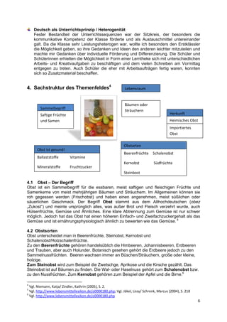 Deutsch als Unterrichtsprinzip / Heterogenität
       Fester Bestandteil der Unterrichtssequenzen war der Sitzkreis, der besonders die
       kommunikative Kompetenz der Klasse förderte und als Austauschmittel untereinander
       galt. Da die Klasse sehr Leistungsheterogen war, wollte ich besonders den Erstklässler
       die Möglichkeit geben, so ihre Gedanken und Ideen den anderen leichter mitzuteilen und
       machte mir Gedanken über individuelle Förderung und Differenzierung. Die Schüler und
       Schülerinnen erhielten die Möglichkeit in Form einer Lerntheke sich mit unterschiedlichen
       Arbeits- und Kreativaufgaben zu beschäftigen und dem vielen Schreiben am Vormittag
       entgegen zu treten. Auch Schüler die eher mit Arbeitsaufträgen fertig waren, konnten
       sich so Zusatzmaterial beschaffen.


4. Sachstruktur des Themenfeldes4                              Lebensraum
 

                                                               Bäumen oder 
              Sammelbegriff 
                                                               Sträuchern 
              Saftige Früchte                                                               Herkunft 
              und Samen                                                                     Heimisches Obst

                                                                                            Importiertes 
                                                                                            Obst 
 
                                                               Obstarten
          Obst ist gesund! 
                                                               Beerenfrüchte    Schalenobst 
          Ballaststoffe                      Vitamine 
 
                                                               Kernobst            Südfrüchte 
          Mineralstoffe        Fruchtzucker 
                                                               Steinbost
 
4.1 Obst – Der Begriff
Obst ist ein Sammelbegriff für die essbaren, meist saftigen und fleischigen Früchte und
Samenkerne von meist mehrjährigen Bäumen und Sträuchern. Im Allgemeinen können sie
roh gegessen werden (Frischobst) und haben einen angenehmen, meist süßlichen oder
säuerlichen Geschmack. Der Begriff Obst stammt aus dem Althochdeutschen (obez
„Zukost“) und meinte ursprünglich alles, was außer Brot und Fleisch verzehrt wurde, auch
Hülsenfrüchte, Gemüse und Ähnliches. Eine klare Abtrennung zum Gemüse ist nur schwer
möglich. Jedoch hat das Obst hat einen höheren Einfach- und Zweifachzuckergehalt als das
Gemüse und ist ernährungsphysiologisch ähnlich zu bewerten wie das Gemüse. 5

4.2 Obstsorten
Obst unterscheidet man in Beerenfrüchte, Steinobst, Kernobst und
Schalenobst/Holzschalenfrüchte.
Zu den Beerenfrüchte gehören handelsüblich die Himbeeren, Johannisbeeren, Erdbeeren
und Trauben, aber auch Holunder. Botanisch gesehen gehört die Erdbeere jedoch zu den
Sammelnussfrüchten. Beeren wachsen immer an Büschen/Sträuchern, große oder kleine,
holzige.
Zum Steinobst wird zum Beispiel die Zwetschge, Aprikose und die Kirsche gezählt. Das
Steinobst ist auf Bäumen zu finden. Die Wal- oder Haselnuss gehört zum Schalenobst bzw.
zu den Nussfrüchten. Zum Kernobst gehören zum Beispiel der Apfel und die Birne.6
                                                            
4
   Vgl. Niemann, Katja/ Zindler, Kathrin (2005), S. 2. 
5
   Vgl. http://www.lebensmittellexikon.de/o0000180.php; Vgl. Jäkel, Lissy/ Schrenk, Marcus (2004), S. 218 
6
   Vgl. http://www.lebensmittellexikon.de/o0000180.php 
                                                                                                             6 
 
 