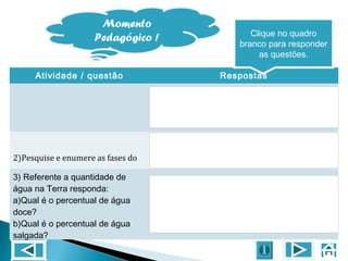 Atividade / questão Respostas
1)O que é o ciclo hidrológico ou
ciclo das águas ?
2)Pesquise e enumere as fases do
ciclo da água.
3) Referente a quantidade de
água na Terra responda:
a)Qual é o percentual de água
doce?
b)Qual é o percentual de água
salgada?
Clique no quadro
branco para responder
as questões.
Momento
Pedagógico !
 