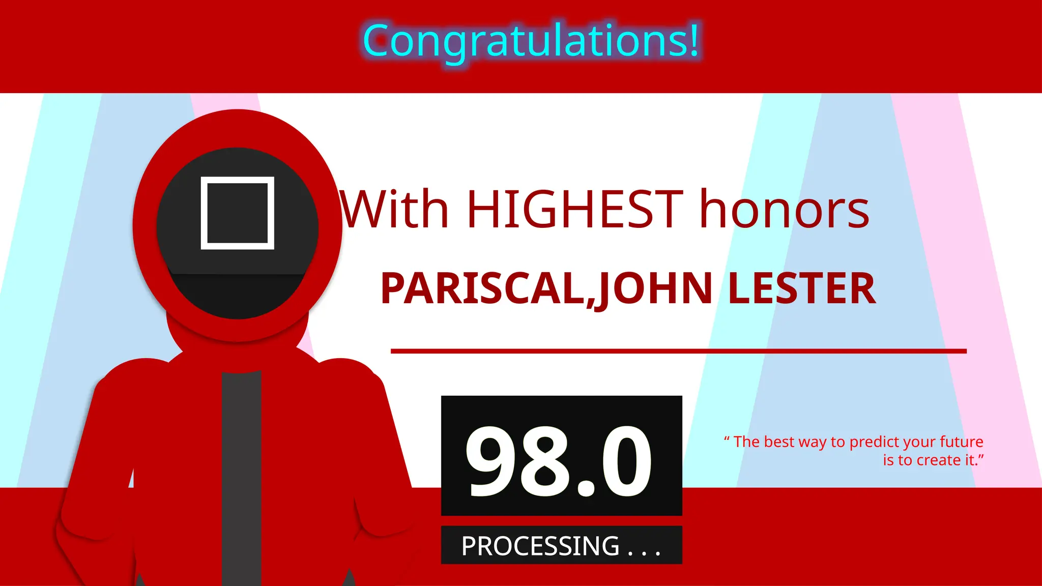 With HIGHEST honors
PARISCAL,JOHN LESTER
“ The best way to predict your future
is to create it.”
Congratulations!
98.0
PROCESSING . . .
 