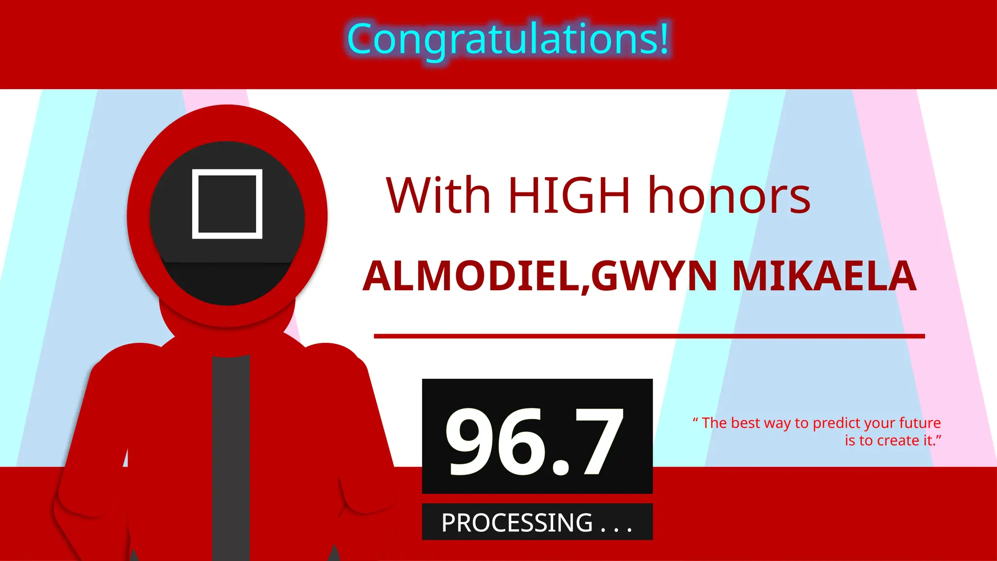 With HIGH honors
ALMODIEL,GWYN MIKAELA
“ The best way to predict your future
is to create it.”
Congratulations!
96.7
PROCESSING . . .
 