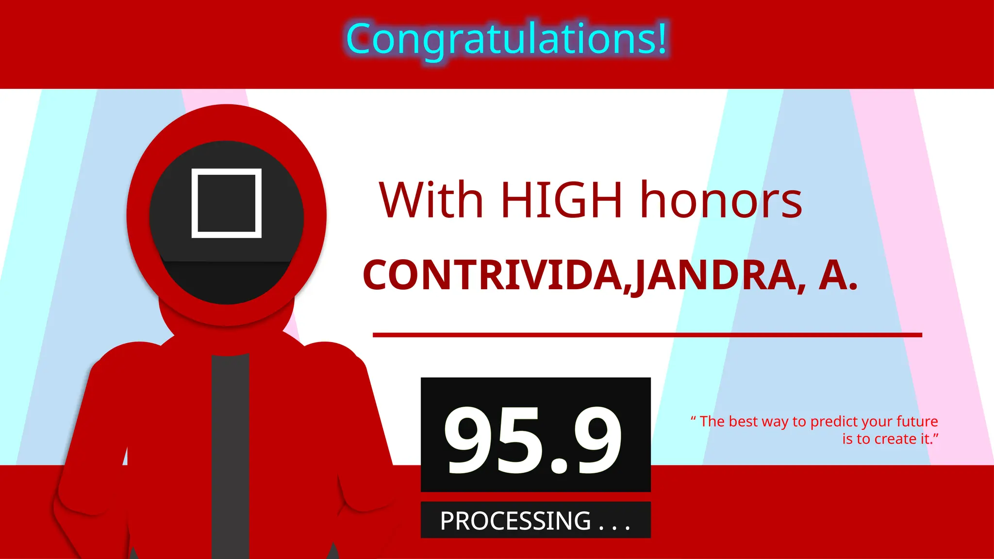 With HIGH honors
CONTRIVIDA,JANDRA, A.
“ The best way to predict your future
is to create it.”
Congratulations!
95.9
PROCESSING . . .
 