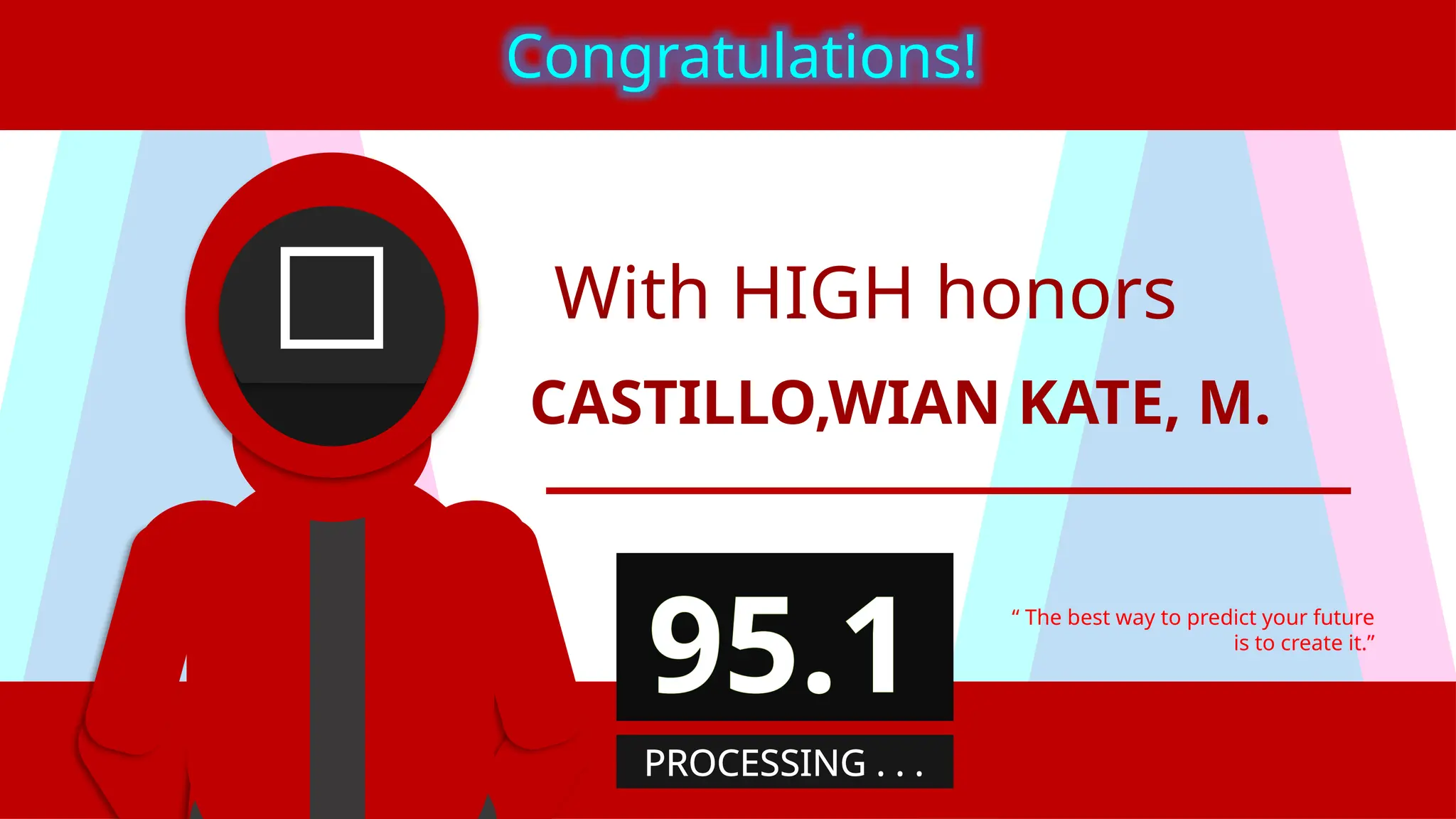 With HIGH honors
CASTILLO,WIAN KATE, M.
“ The best way to predict your future
is to create it.”
Congratulations!
95.1
PROCESSING . . .
 