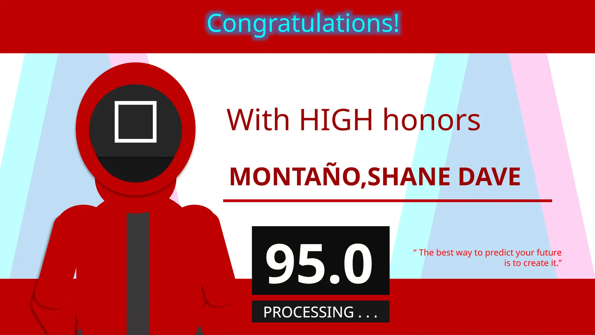 With HIGH honors
MONTAÑO,SHANE DAVE
“ The best way to predict your future
is to create it.”
Congratulations!
95.0
PROCESSING . . .
 