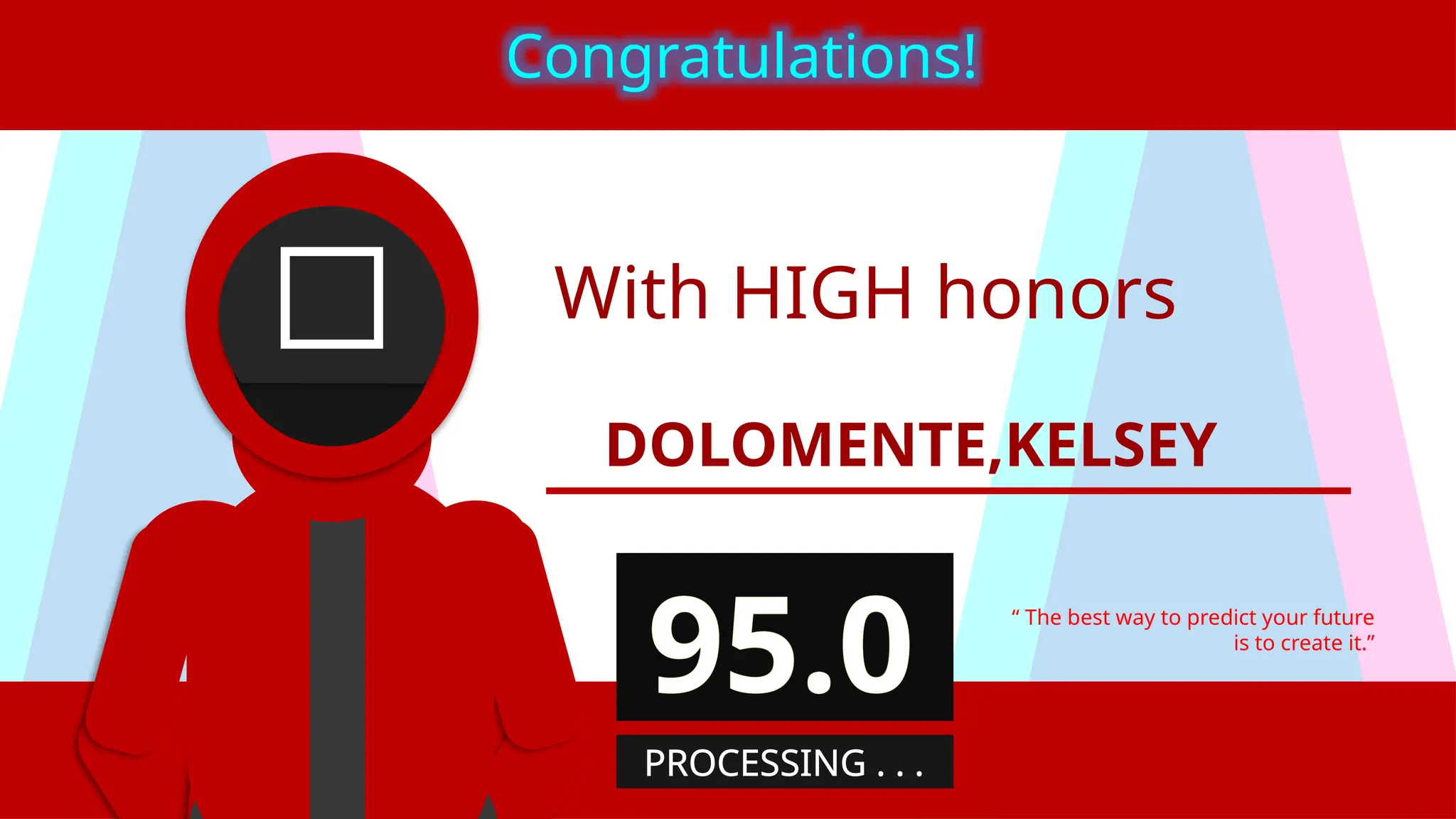 With HIGH honors
DOLOMENTE,KELSEY
“ The best way to predict your future
is to create it.”
Congratulations!
95.0
PROCESSING . . .
 