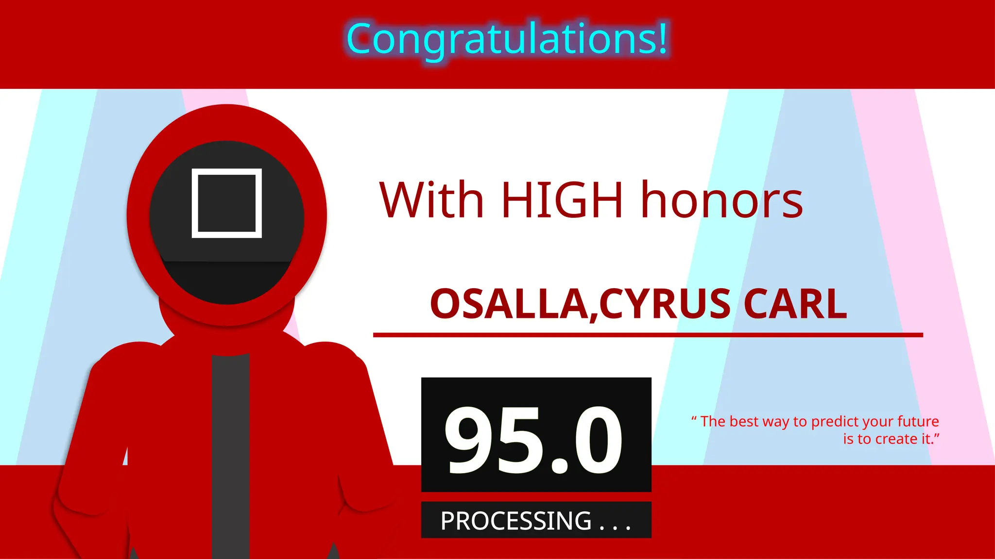 With HIGH honors
OSALLA,CYRUS CARL
“ The best way to predict your future
is to create it.”
Congratulations!
95.0
PROCESSING . . .
 