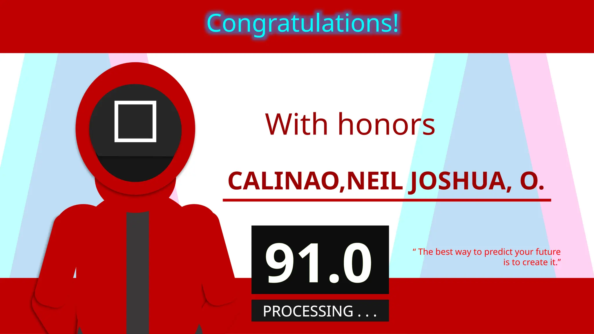With honors
CALINAO,NEIL JOSHUA, O.
“ The best way to predict your future
is to create it.”
Congratulations!
91.0
PROCESSING . . .
 