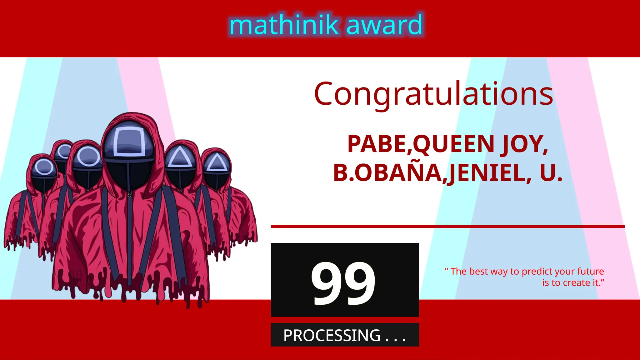 PABE,QUEEN JOY,
B.OBAÑA,JENIEL, U.
“ The best way to predict your future
is to create it.”
mathinik award
99
PROCESSING . . .
Congratulations
 