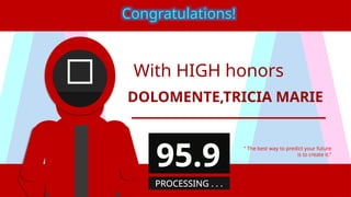 With HIGH honors
DOLOMENTE,TRICIA MARIE
“ The best way to predict your future
is to create it.”
Congratulations!
95.9
PROCESSING . . .
 