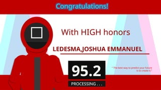 With HIGH honors
LEDESMA,JOSHUA EMMANUEL
“ The best way to predict your future
is to create it.”
Congratulations!
95.2
PROCESSING . . .
 