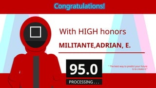 With HIGH honors
MILITANTE,ADRIAN, E.
“ The best way to predict your future
is to create it.”
Congratulations!
95.0
PROCESSING . . .
 