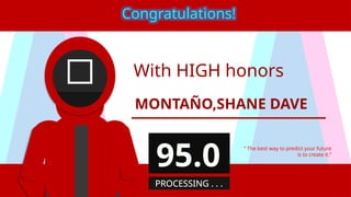 With HIGH honors
MONTAÑO,SHANE DAVE
“ The best way to predict your future
is to create it.”
Congratulations!
95.0
PROCESSING . . .
 