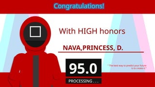 With HIGH honors
NAVA,PRINCESS, D.
“ The best way to predict your future
is to create it.”
Congratulations!
95.0
PROCESSING . . .
 