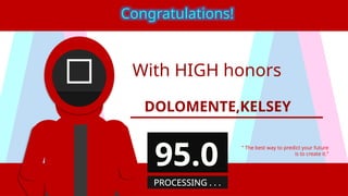 With HIGH honors
DOLOMENTE,KELSEY
“ The best way to predict your future
is to create it.”
Congratulations!
95.0
PROCESSING . . .
 