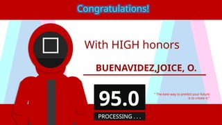 With HIGH honors
BUENAVIDEZ,JOICE, O.
“ The best way to predict your future
is to create it.”
Congratulations!
95.0
PROCESSING . . .
 