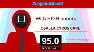 With HIGH honors
OSALLA,CYRUS CARL
“ The best way to predict your future
is to create it.”
Congratulations!
95.0
PROCESSING . . .
 
