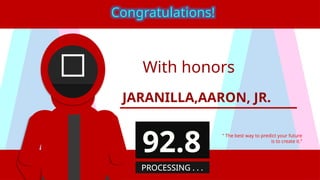 With honors
JARANILLA,AARON, JR.
“ The best way to predict your future
is to create it.”
Congratulations!
92.8
PROCESSING . . .
 